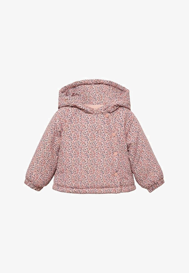 Gepolsterte, rosa Jacke mit floralem Muster, Kapuze und drei vorderen Knöpfen. Verfügt über voluminöse Ärmel und einen abgerundeten Saum. Weiche Textur.