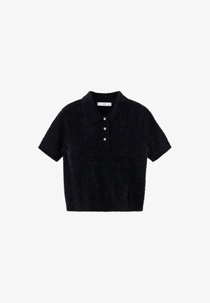 Zwart kraagloze polo shirt met korte mouwen en een fuzzy textuur, voorzien van drie witte knopen, gepresenteerd op een witte achtergrond.