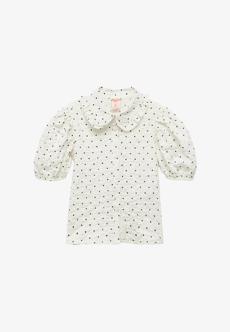 Weißes Kurzarmhemd mit einem Peter-Pan-Kragen, ausgestattet mit schwarzen Pünktchen, strukturiertem Stoff und Knopfleiste.