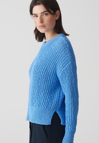 Maglione azzurro lavorato a maglia con una vestibilità ampia, tessuto a coste e aperture laterali. Ha maniche lunghe e un colletto rotondo.