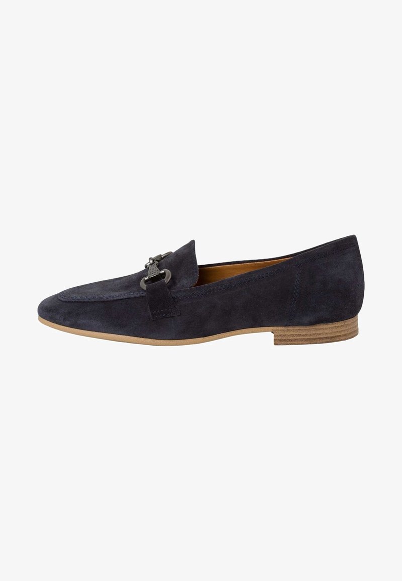 Tumedat sinine nahast loafers, millel on lame puidust tald, dekoratiivse metallaktsendiga vampiiril ja ümmargune toe disain.