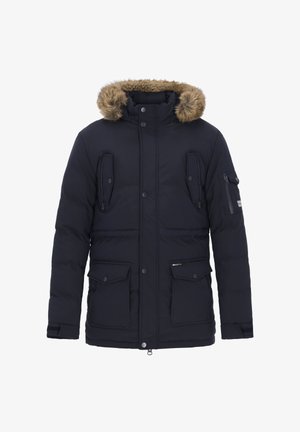 Námořnická péřová bunda s kapucí lemovanou kožešinou, několika kapsami na zip a klopou a předním zapínáním na patentky a zip.