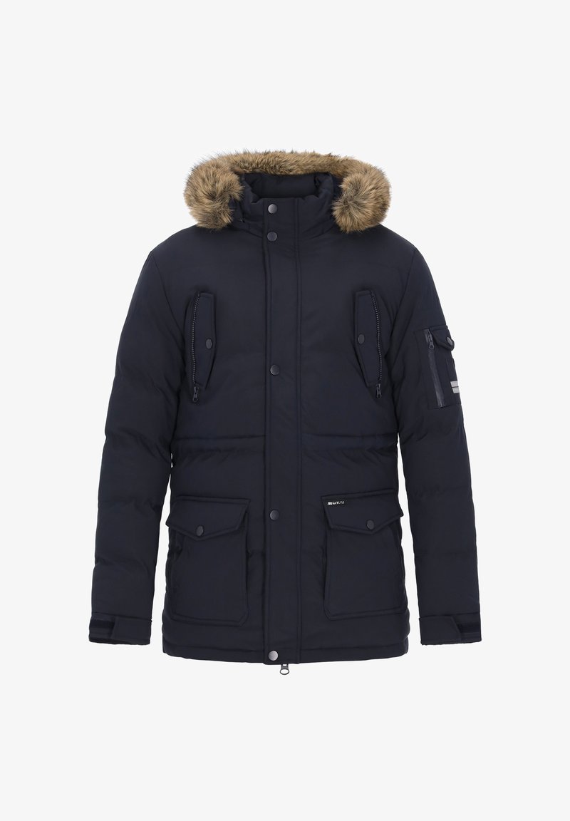 Granatowa kurtka puchowa z kapturem obszytym futrem, wieloma kieszeniami na zamek i patkę oraz zapinaniem na zatrzaski i zamek błyskawiczny z przodu.