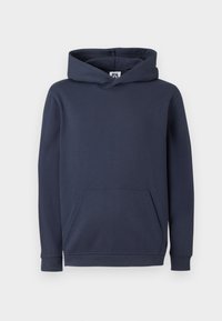Granatowa bluza z kapturem z bawełnianej mieszanki, z przednią kieszenią typu kangur oraz ściągaczami na rękawach i u dołu. Gładka tekstura.