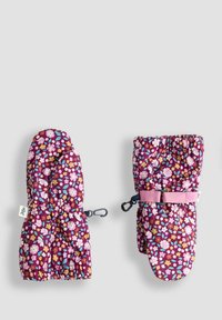 Käsineet purppuranvärisestä kankaasta, joka on koristeltu kukkakuviolla pinkein ja sinisin yksityiskohtin. Joustavat hihansuut ja säädettävät klipsit istuvuuden ja turvallisuuden varmistamiseksi.