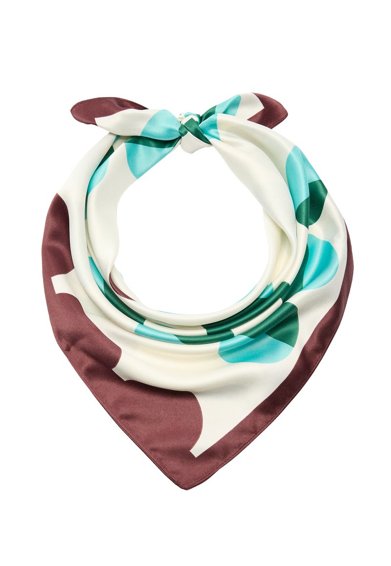 Jedwabny szalik z kremowym tłem, zdobiony abstrakcyjnymi kształtami w odcieniach teal, zieleni i burgundu. Wykończony satynową strukturą i spiczastymi brzegami.
