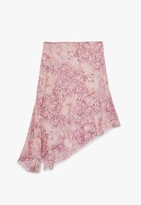 Asymmetrisk pink skirt med blomster- og paisleymønstre, lavet af letvægtsstof, med en flæset kant og lagdelt design.