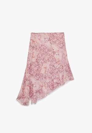 Asymmetrischer pinkfarbener Rock mit Blumen- und Paisleymuster, aus leichtem Material gefertigt, mit einem Rüschensaum und schichted Design.