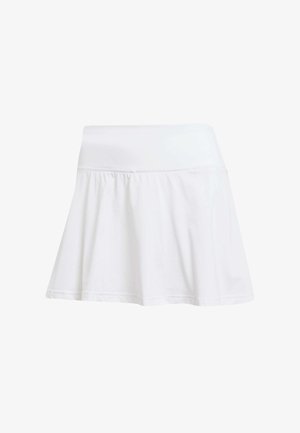 White athletic skirt with a fitted waist and flared bottom. Made from a lightweight, breathable fabric with a smooth texture.