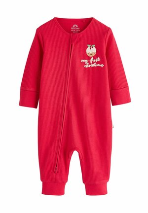 Red ribbed onesie with a front zipper, featuring an embroidered owl, and "my first Christmas" text on the upper left. Long sleeves and cuffs.