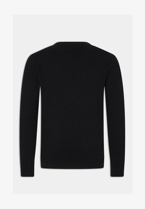 Black sweater, long sleeves, crew neckline, smooth texture, ribbed cuffs and bottom hem, minimalist design, no visible patterns or accents.