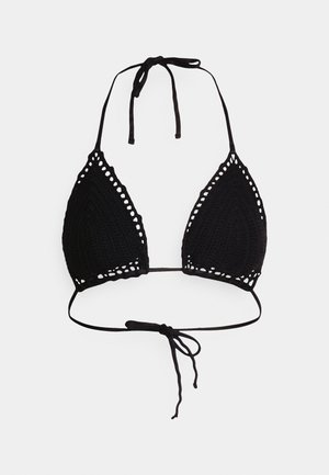 Black crochet bikini top with triangular cups, scalloped edges, and tie closures at the neck and back. Textured with an open weave pattern.