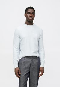 Gaiši zilā teksturētā džemperī ar apaļu kakla izgriezumu un nelielu logotipu uz krūtīm, kombinēts ar tumšām svītrainām biksēm.