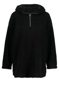 Sweat à capuche en polaire noire, manches longues et fermeture devant à moitié zippée, avec un tissu texturé et doux.