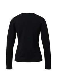 Schwarzer Langarmpullover mit taillierter Passform, rundem Ausschnitt und gerippten Bündchen. Glatte Textur, ohne Muster oder Verzierungen.