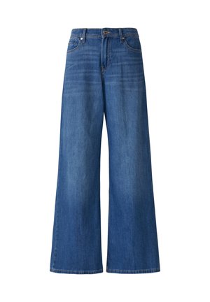 Jean large en denim bleu moyen, doté d'un design classique à cinq poches, de passants de ceinture et d'une fermeture éclair avec un bouton.