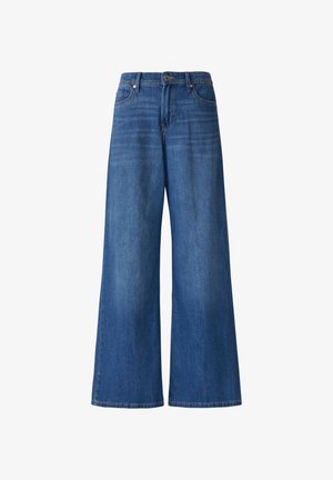 Wide-leg jeans in medium blue denim, featuring a classic five-pocket design, belt loops, and a zip fly with a button closure.