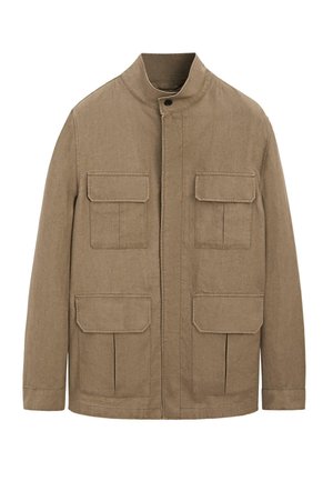 Light brown casual jacket with high collar, front button closure, and four flap pockets—two on chest and two near waist.