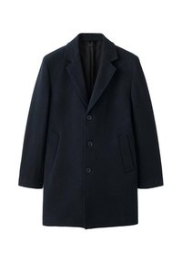 Abrigo de lana azul marino oscuro con cuello de muesca, tres botones, dos bolsillos laterales y un diseño de corte recto. Textura lisa, detalles mínimos.