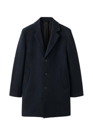 Cappotto in lana blu navy scuro con colletto con rever, tre bottoni, due tasche laterali e design a taglio dritto. Tessuto liscio, dettagli minimi.