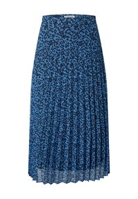 Faltrock in Blau mit einem schwarzen Blumenmuster. Besitzt einen taillierten Bund und ein fließendes Design, das bis zum Saum reicht.