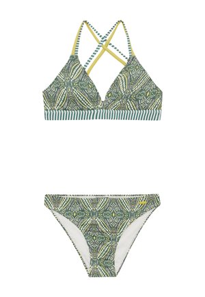 Zielony bikini w wzory, składający się z biustonosza w kształcie trójkąta z krzyżującymi się ramiączkami i paskiem w paski oraz dopasowanych majtek na biodrach.