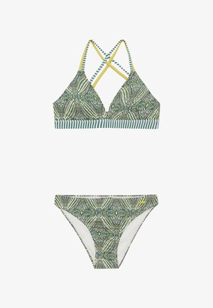 Žalias raštuotas bikinio rinkinys, kuriame yra trikampio formos liemenėlė su kryžminėmis petnešėlėmis ir dryžuota juosta, taip pat atitinkančios žemos juosmens bikini kelnaitės.
