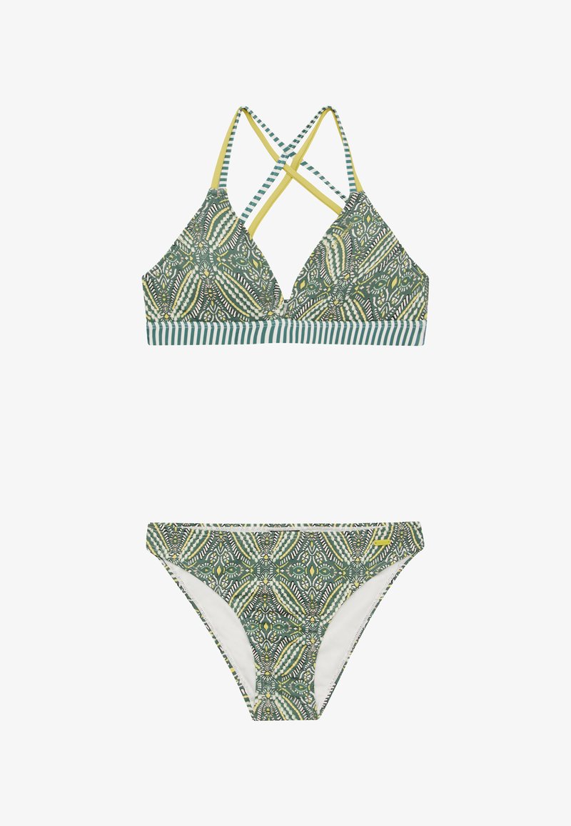 Bikini verde a motivi con reggiseno triangolare, spalline incrociate e fascia a righe, abbinato a slip bikini a vita bassa.