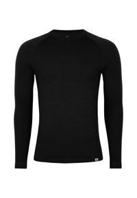 Schwarzes langärmliges Thermalshirt aus weichem Material, mit Rundhalsausschnitt, Raglanärmeln und einem Etikett am unteren Saum.