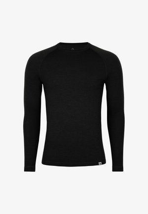 Schwarzes langärmliges Thermalshirt aus weichem Material, mit Rundhalsausschnitt, Raglanärmeln und einem Etikett am unteren Saum.