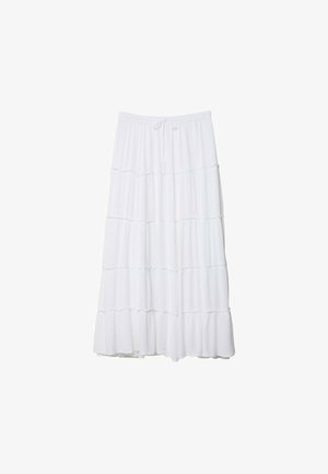 Vit ankellång lager-på-lager kjol i lättviktsmaterial, med en rynkad midja och dragsko samt subtila volanger i kanten.
