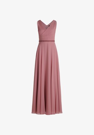 Długa, formalna suknia o linii A w kolorze przygaszonego różu, z dekoltem w kształcie litery V, plisowanym górnym pasem i zdobionym paskiem w talii. Wykonana z lekkiego, zwiewnego materiału.