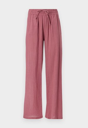 Pantalones ligeros de pierna ancha en un suave color rosa empolvado. Cuentan con una cintura elástica con cordón para ajustarse. Tejido texturizado.
