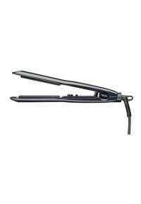 Zwarte haar stijltang met een slank, plat ontwerp, keramische platen, een temperatuurregelknop en een lange elektrische kabel.