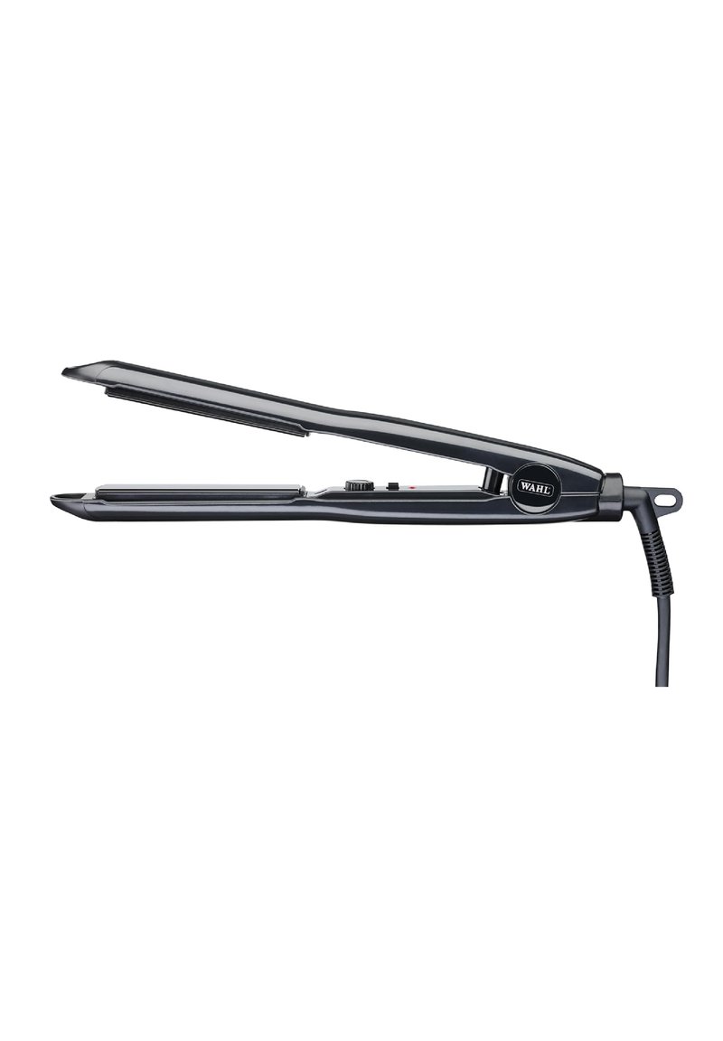 Zwarte haar stijltang met een slank, plat ontwerp, keramische platen, een temperatuurregelknop en een lange elektrische kabel.