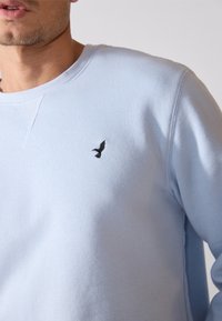 Ljusblå sweatshirt gjord av mjukt material, med rund halsringning och en liten svart fågel logotyp på vänster bröst.
