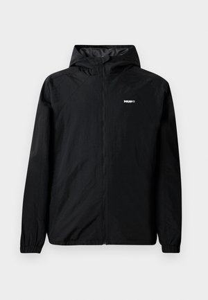 Black waterproof jacket with a hood, made from lightweight material. Features elastic cuffs, full zip closure, and a logo on the chest.