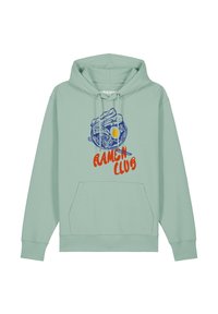 Muntgroene hoodie met een ramenkom graphic in blauw en geel, met "RAMEN CLUB" gedrukt in vetrode letters. Inclusief voorzak.