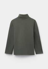 Olivengrünes Langarm-Turtleneck-Top. Aus weichem, strukturiertem Stoff. Mit hohem Kragen und ohne sichtbare Nähte. Schlichtes Design.