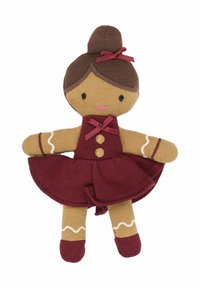 Textile doll with a brown and beige body, maroon dress, and hair styled in a bun. Features include a stitched face and ribbon accents.