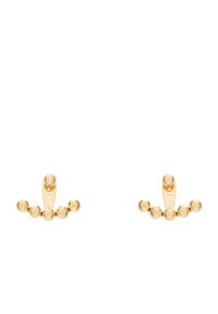 Ganchos de pared en tono dorado con un diseño suave y redondeado que cuenta con tres acentos esféricos grandes y dos más pequeños. Hardware de montaje incluido.