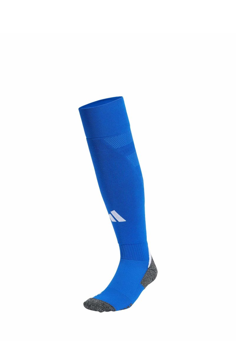 Blue knee-high sports sock made of a smooth fabric, featuring gray accents at the heel and toe, with white branding on the side.