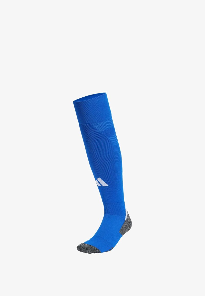 Blue knee-high sports sock made of a smooth fabric, featuring gray accents at the heel and toe, with white branding on the side.