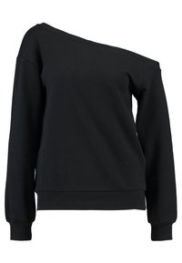 Sudadera negra con diseño de un solo hombro. Fabricada en tela suave, cuenta con mangas largas y puños y dobladillo acanalados.