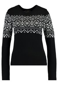 Schwarzer Strickpullover mit langen Ärmeln und rundem Ausschnitt, verziert mit weißen geometrischen und floralen Mustern im Brustbereich.