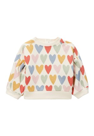 Pull pour tout-petit de couleur crème avec manches longues, orné de rangées de formes de cœur multicolores en rouge, bleu, jaune, rose et vert.
