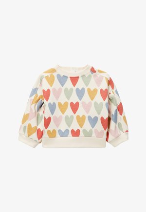 Pull pour tout-petit de couleur crème avec manches longues, orné de rangées de formes de cœur multicolores en rouge, bleu, jaune, rose et vert.