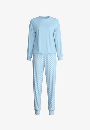 Lichtblauw shirt met lange mouwen en bijpassende lichtblauwe broek met een wit stippenpatroon, ontworpen als een comfortabele pyjama set.