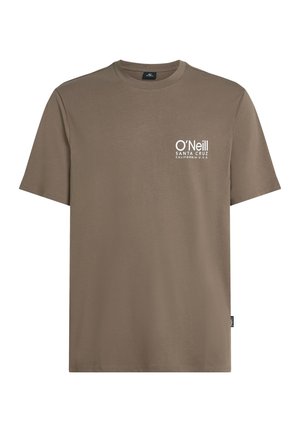 Brown cotton t-shirt with short sleeves. Features a white logo on the upper left side. Crew neck design with a straight hem.