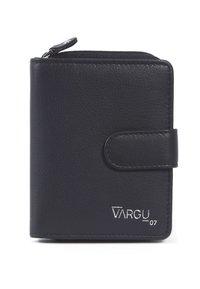 Black leather wallet with a textured surface, featuring a zippered compartment, snap closure, and silver logo detail on the front.